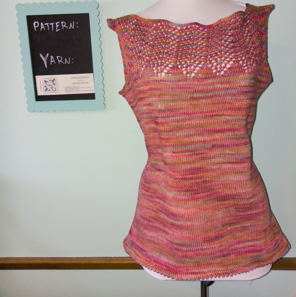 HANDKNIT cotton boatneck sleeveless blouse with eyelet neckline